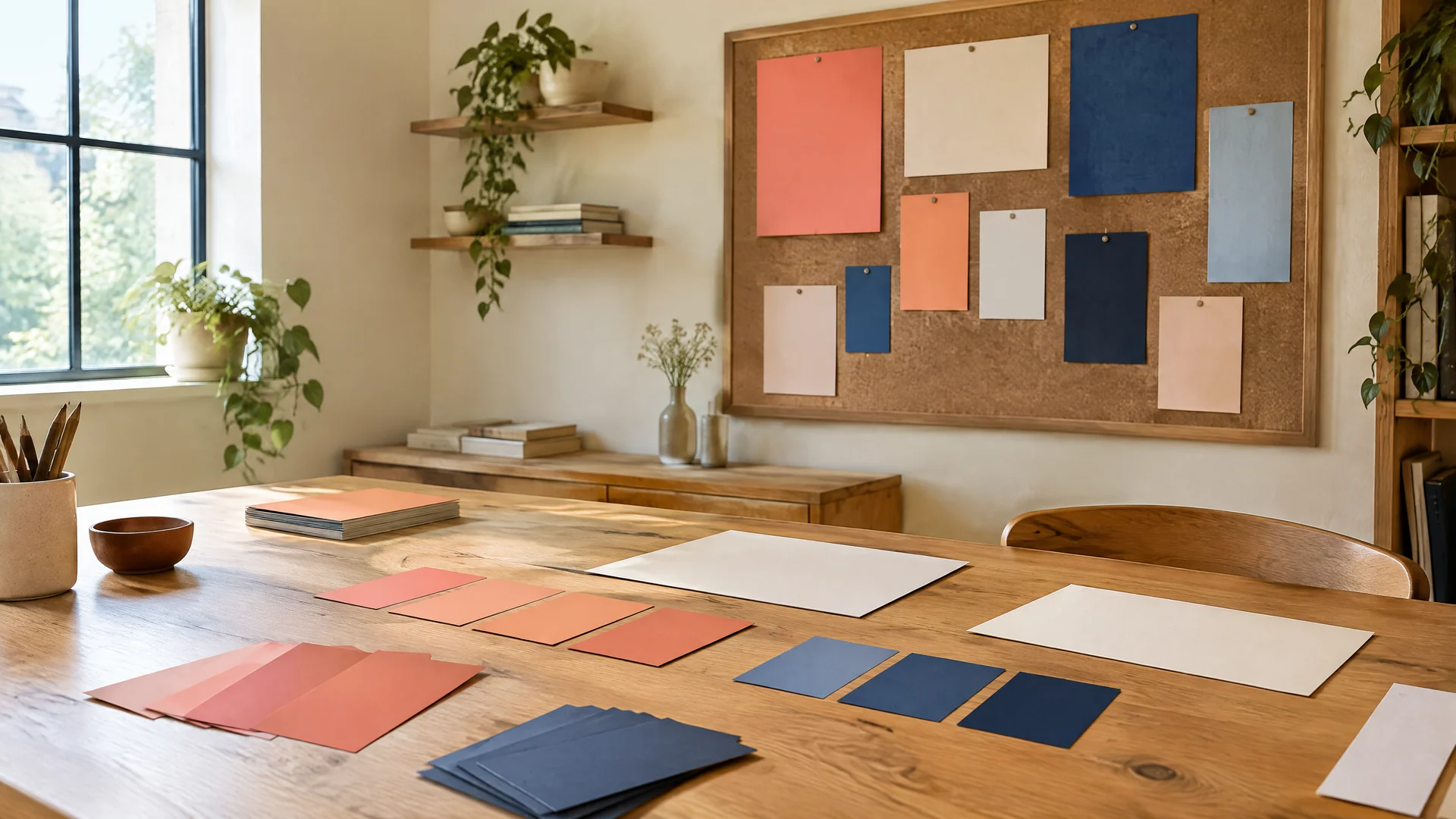 Studio table with coral and indigo paper swatches and a pinboard of blank colour cards