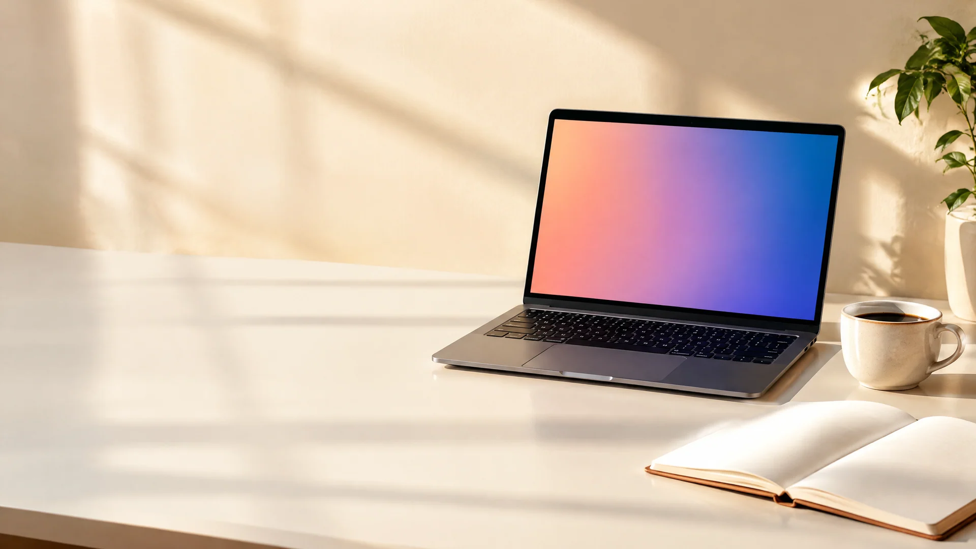 Laptop with a coral to indigo gradient screen beside an open notebook and a cup