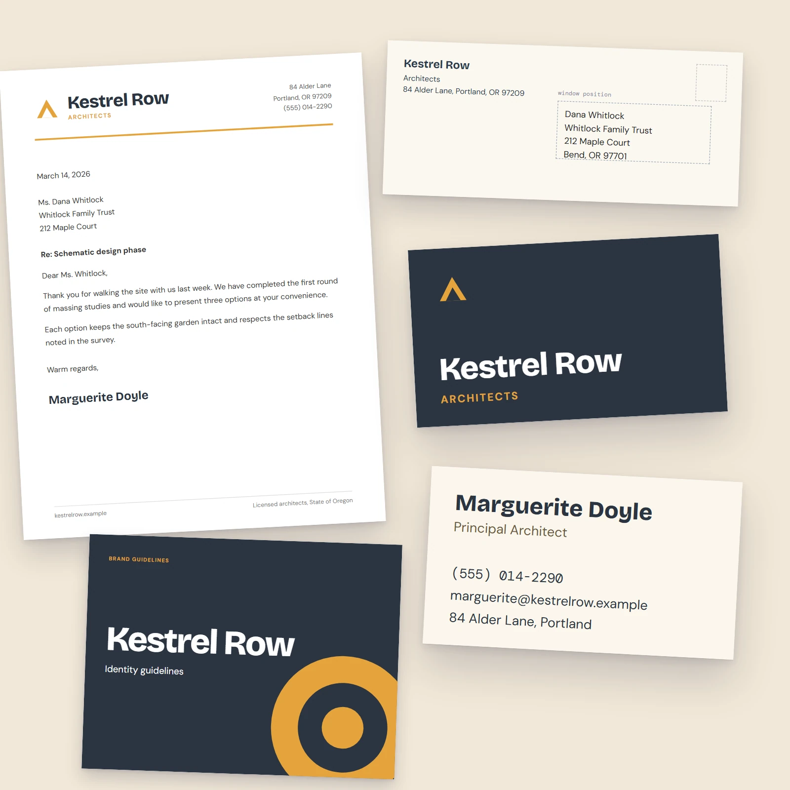 Flat lay of a business card, letterhead, envelope and guideline booklet for a fictional architecture studio