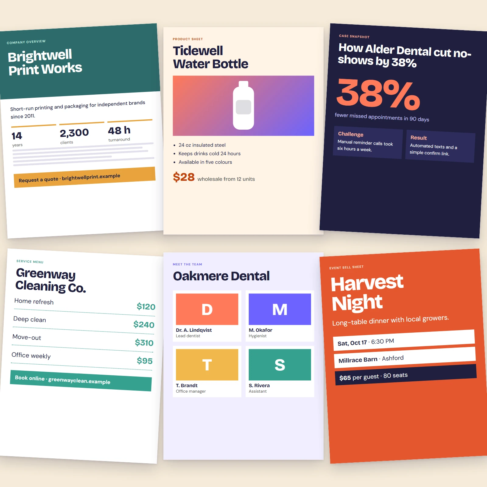 Three business one-pager sheets: company overview, product sheet and case snapshot for fictional companies