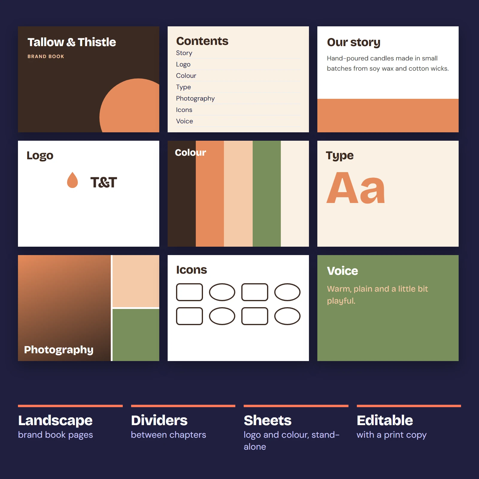 Contact sheet of brand book pages for a fictional candle company
