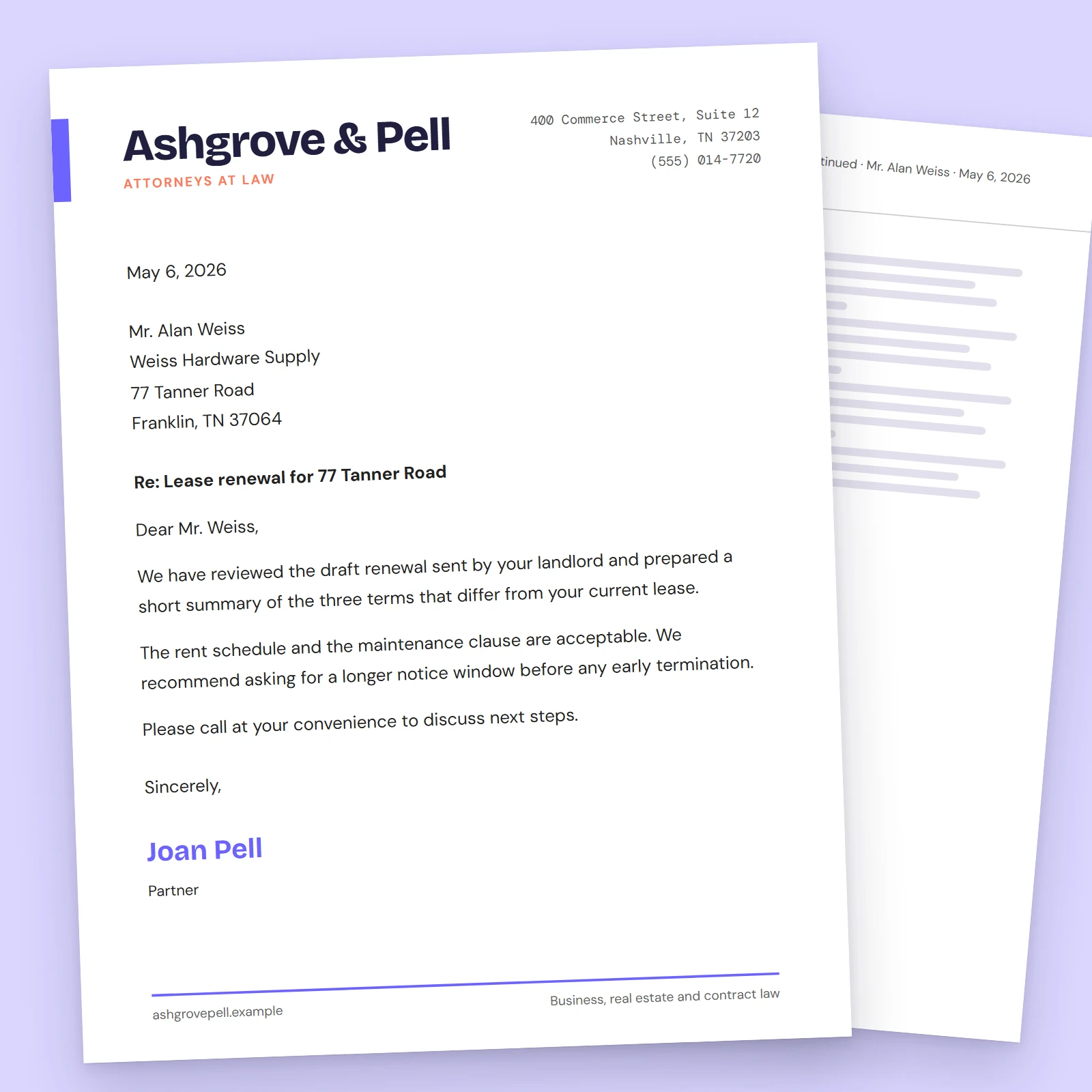 Letterhead with a sample business letter for a fictional law office
