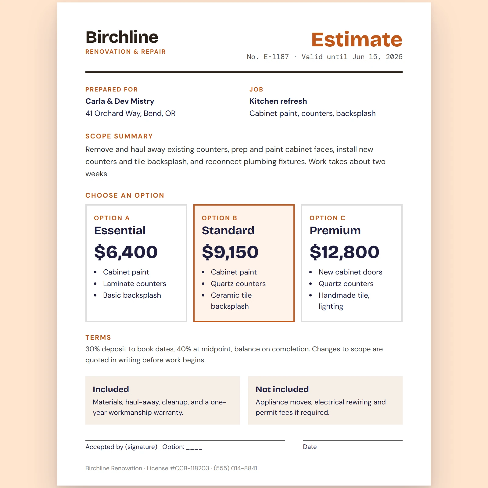 Service estimate with priced options and signature line for a fictional renovation company
